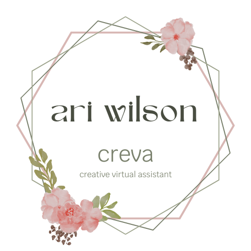CREVA logo featuring “ari wilson” and “creva creative virtual assistant” inside overlapping blush pink and olive geometric frames, decorated with soft pink flowers and greenery.
